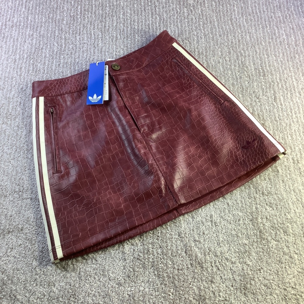 Adidas Originals Maroon Croc Embossed Pleather Mini Skirt 3 Stripes Womens 8 NWT